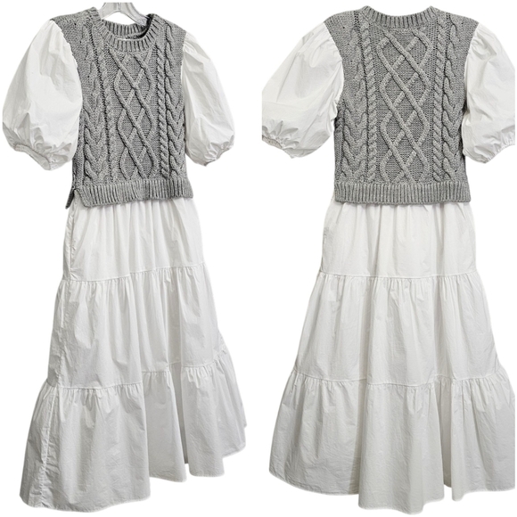 Anthropologie English Factory Wht/Gray Cable Knit Puff Sleeve Tier Ruffle Dress - Picture 15 of 17